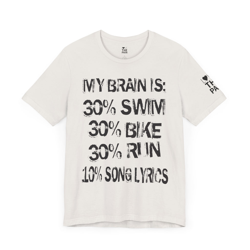 Motivational Fitness Tee - My Brain Is: 30% Swim, 30% Bike, 30% Run, 10% Song Lyrics
