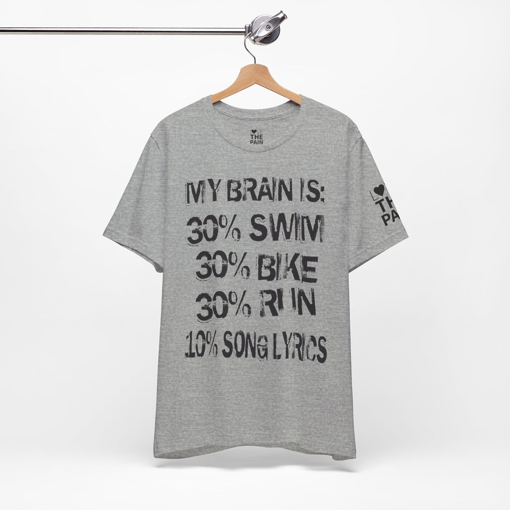 Motivational Fitness Tee - My Brain Is: 30% Swim, 30% Bike, 30% Run, 10% Song Lyrics