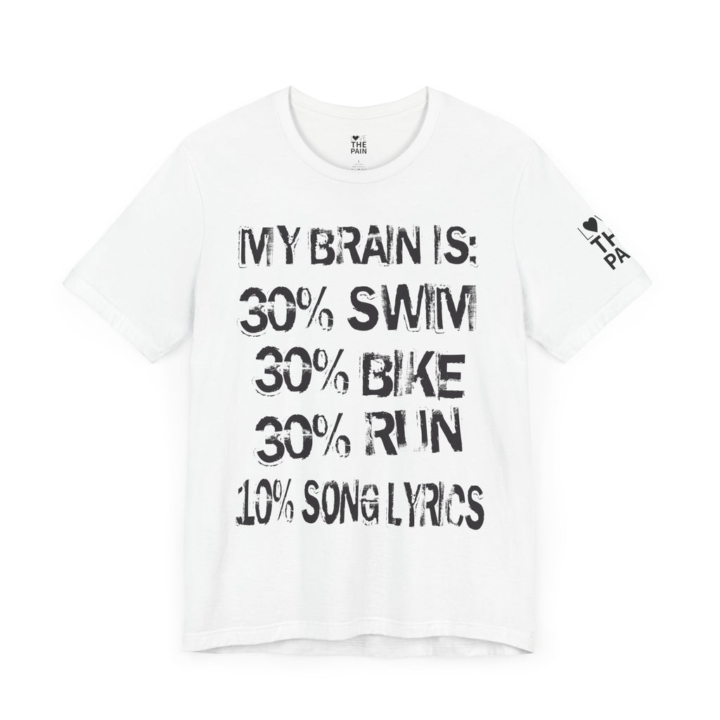 Motivational Fitness Tee - My Brain Is: 30% Swim, 30% Bike, 30% Run, 10% Song Lyrics