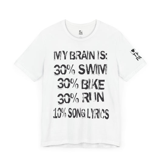 Motivational Fitness Tee - My Brain Is: 30% Swim, 30% Bike, 30% Run, 10% Song Lyrics