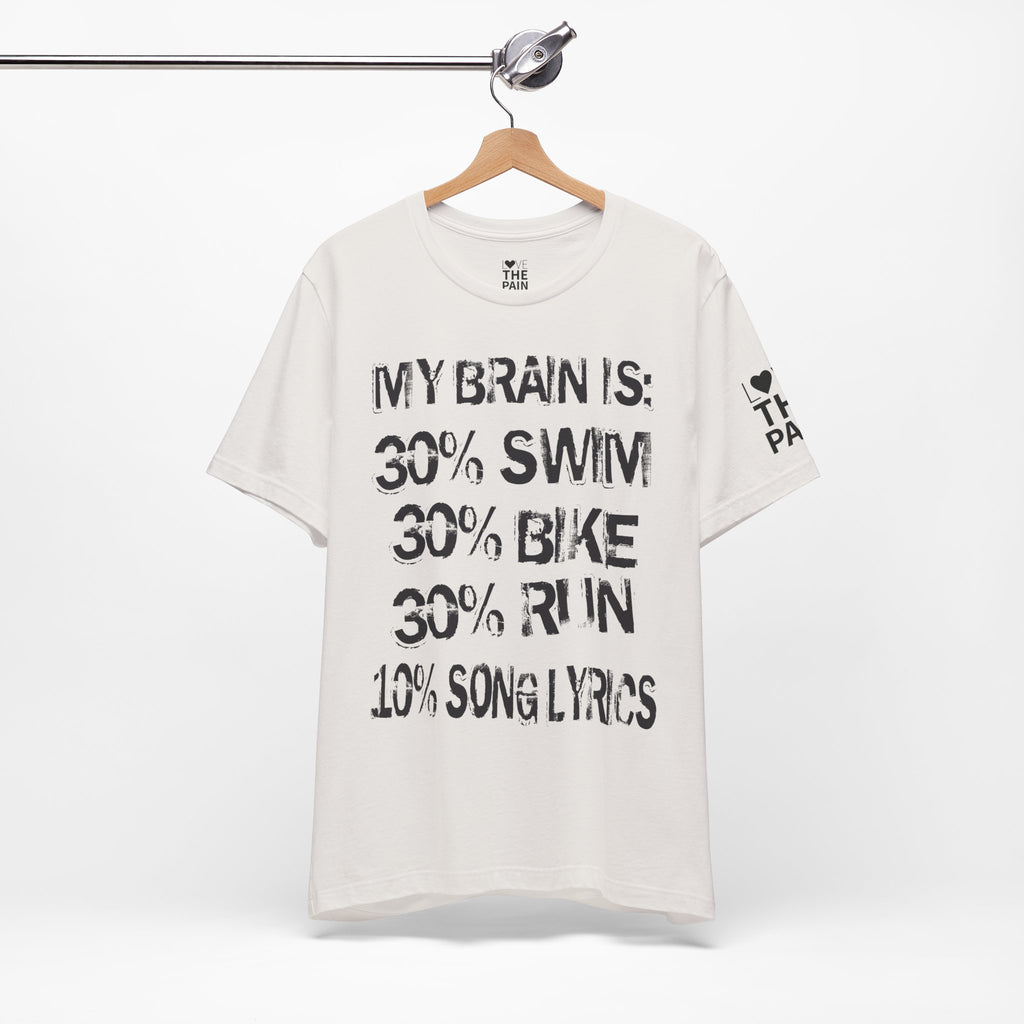 Motivational Fitness Tee - My Brain Is: 30% Swim, 30% Bike, 30% Run, 10% Song Lyrics