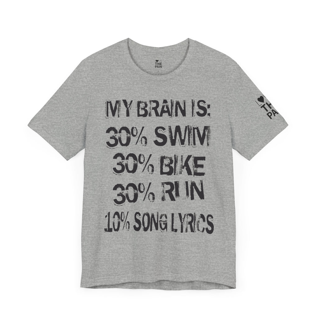 Motivational Fitness Tee - My Brain Is: 30% Swim, 30% Bike, 30% Run, 10% Song Lyrics
