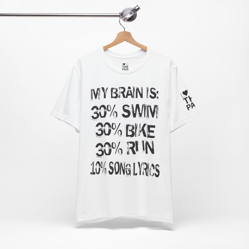 Motivational Fitness Tee - My Brain Is: 30% Swim, 30% Bike, 30% Run, 10% Song Lyrics