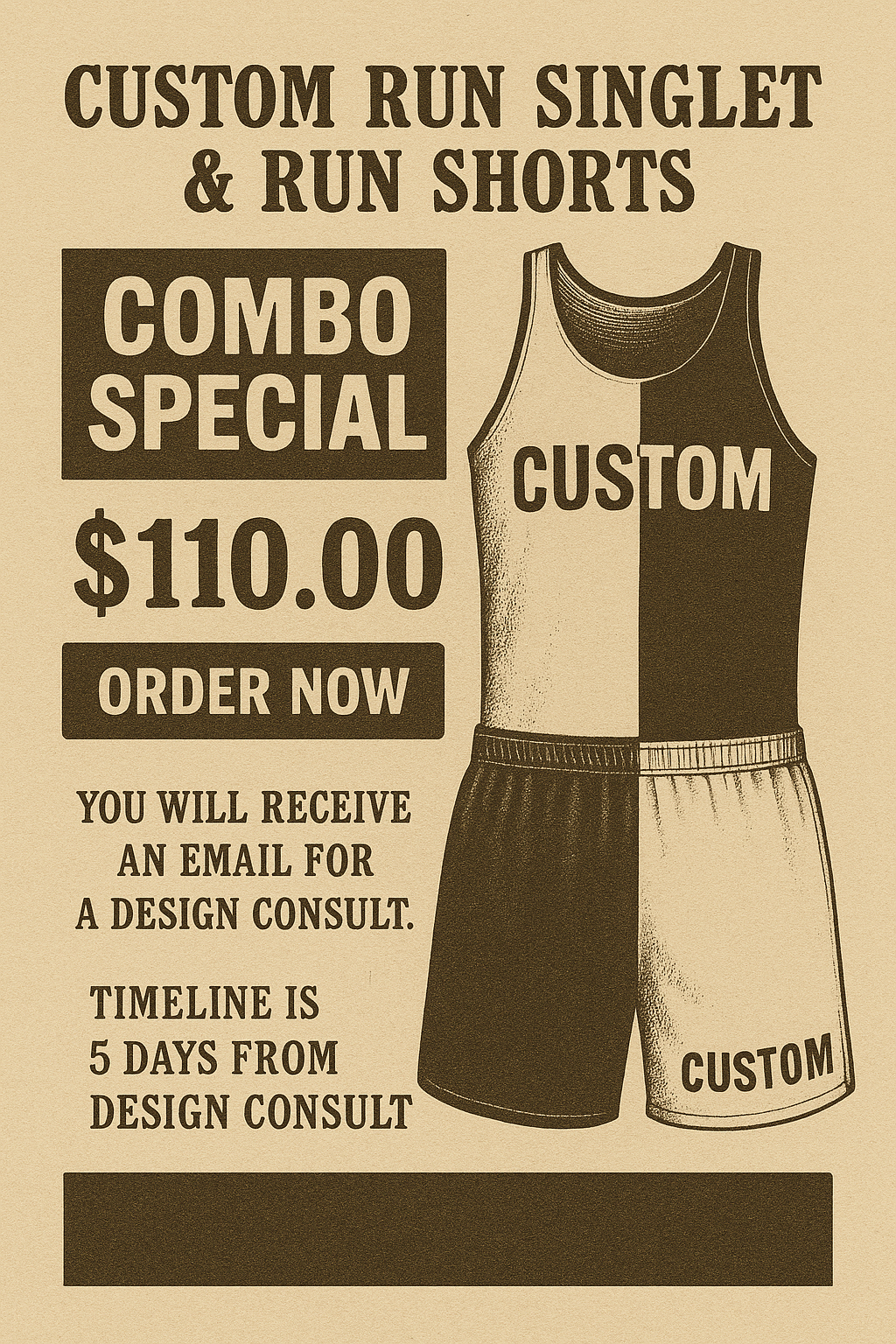 CUSTOM RUN SINGLET & SHORTS COMBO – $110 SPECIAL